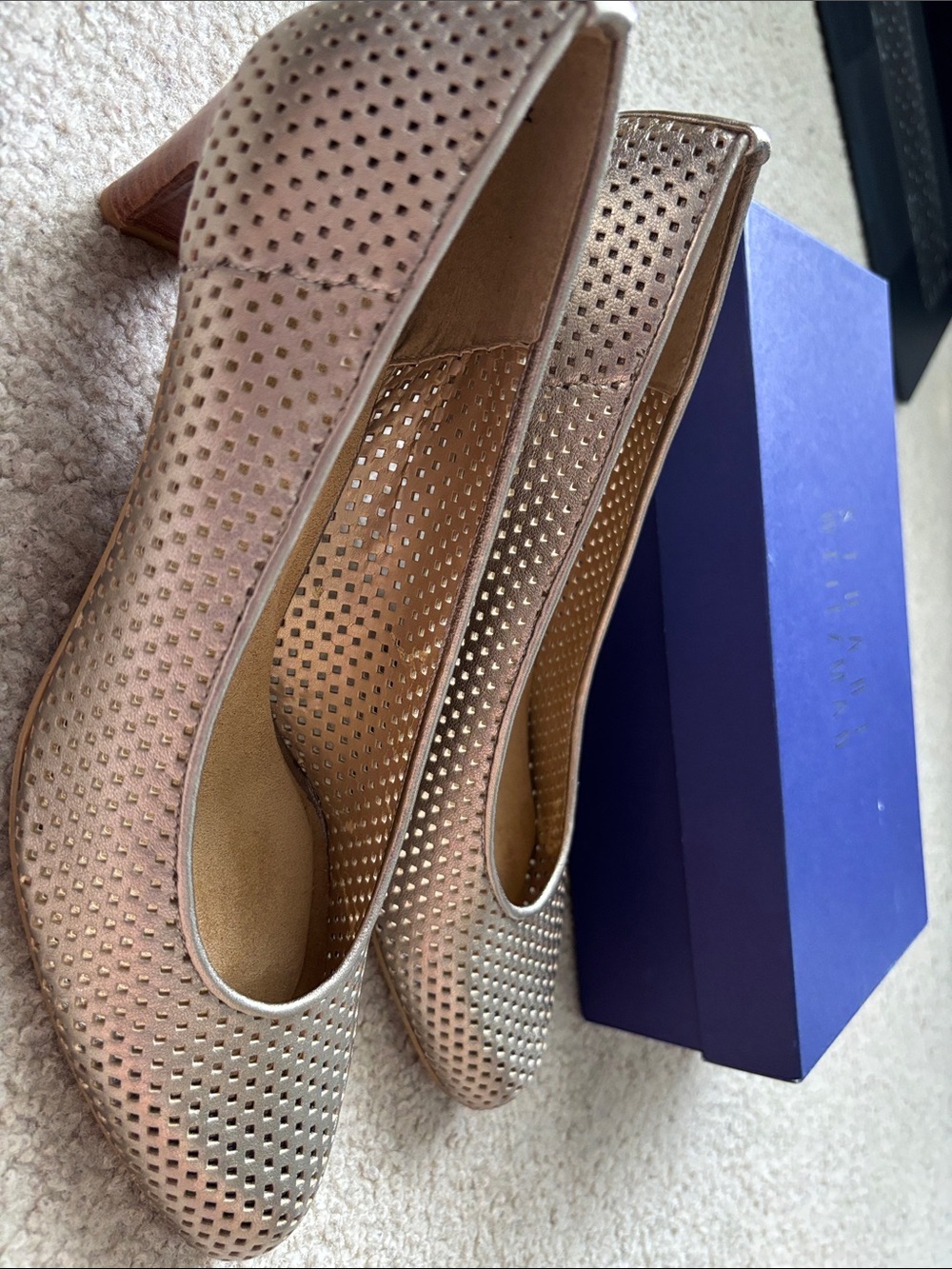 Stuart Weitzman Women's Perforated Metallic Gold Low Heel Pumps